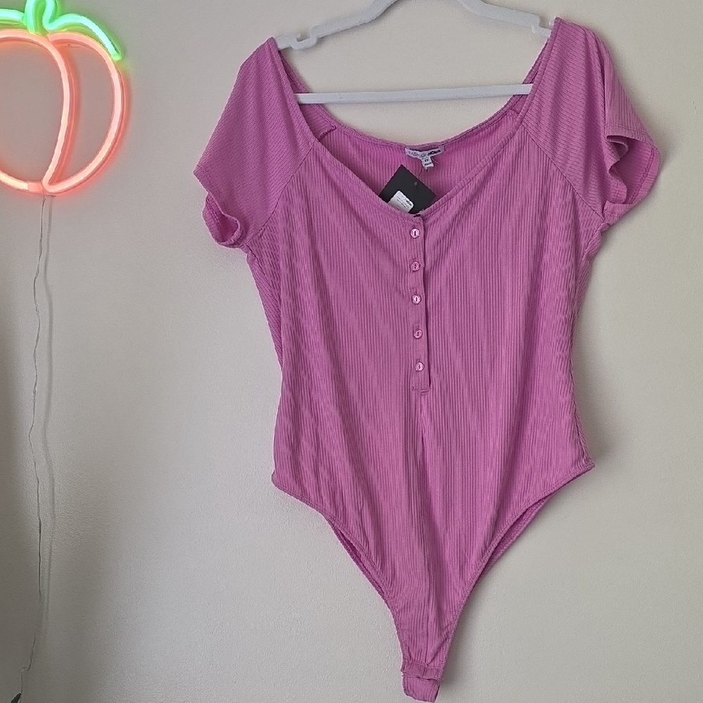 Short Sleeve Henley Bodysuit Pink 2X
